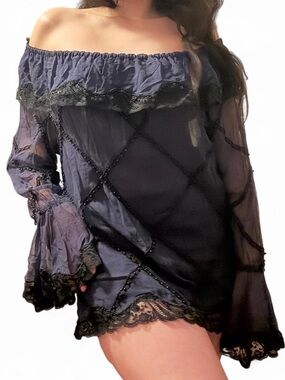 Off-Shoulder Black Lace Trim Chemise silk beaded